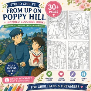 Op de afbeelding: Een kleurboek ge&iuml;nspireerd op Studio Ghibli's "From Up On Poppy Hill". De omslag toont twee geanimeerde personages, een jongen in een blauw uniform en een meisje in een matrozenoutfit, met een stad op de achtergrond. Het boek bevat meer dan 30 pagina's.