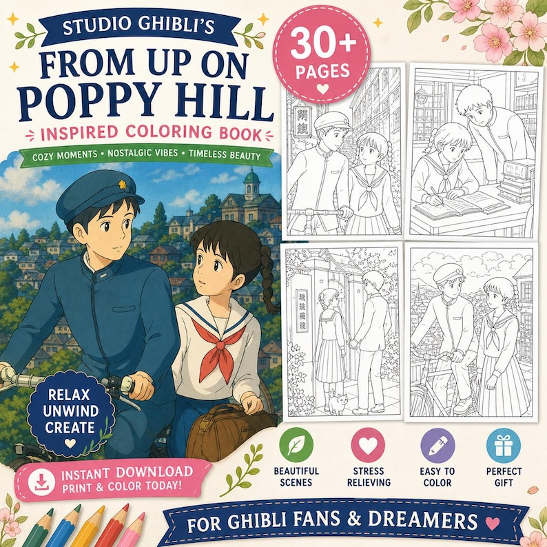 Op de afbeelding: Een kleurboek ge&iuml;nspireerd op Studio Ghibli's "From Up On Poppy Hill". De omslag toont twee geanimeerde personages, een jongen in een blauw uniform en een meisje in een matrozenoutfit, met een stad op de achtergrond. Het boek bevat meer dan 30 pagina's.