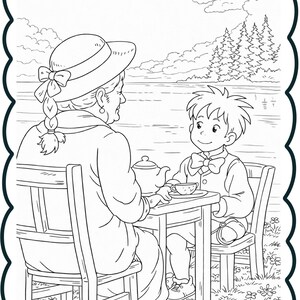 Puede incluir: Ilustraci&oacute;n en blanco y negro de dos personas tomando t&eacute; en una mesa al aire libre. Una persona lleva sombrero y la otra pajarita. Una tetera y tazas est&aacute;n sobre la mesa. El fondo muestra un lago y &aacute;rboles.