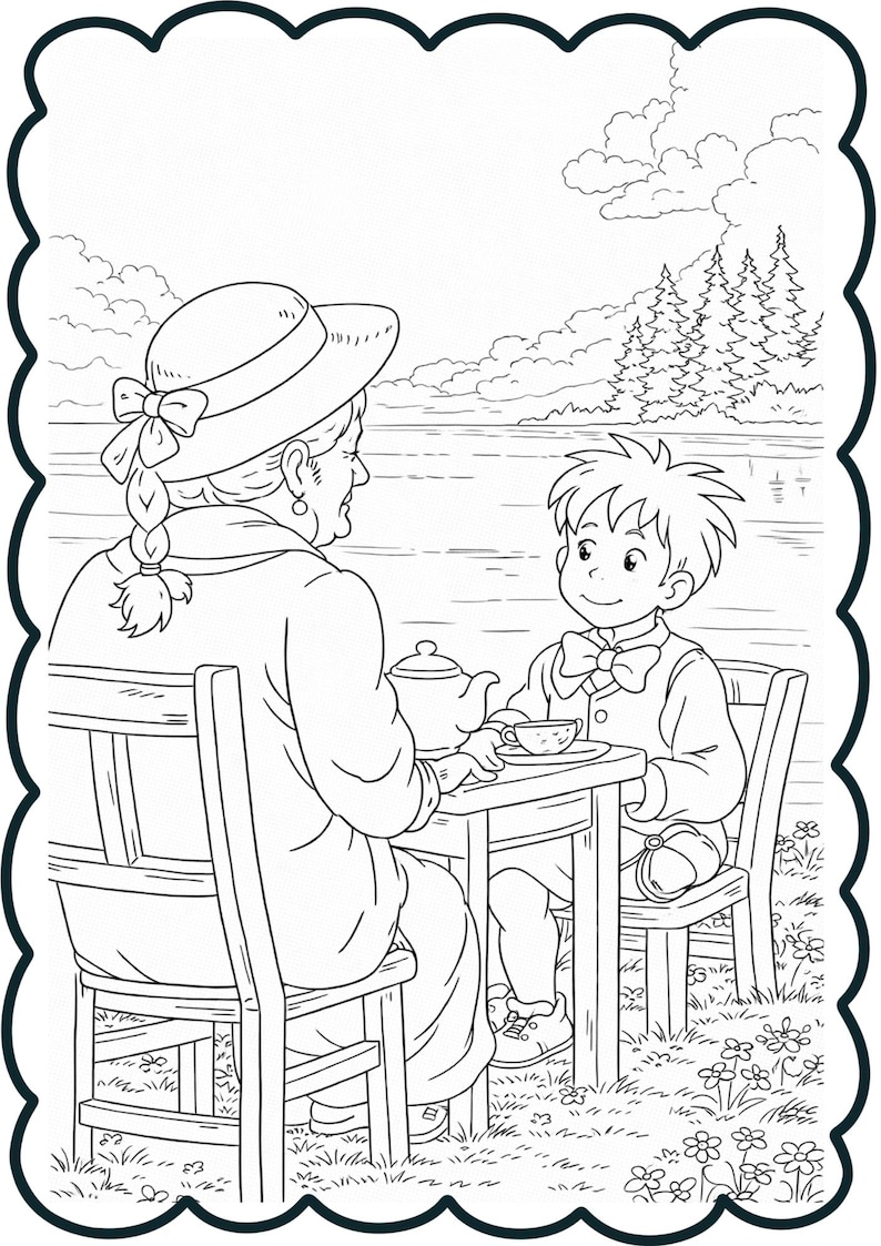 Puede incluir: Ilustraci&oacute;n en blanco y negro de dos personas tomando t&eacute; en una mesa al aire libre. Una persona lleva sombrero y la otra pajarita. Una tetera y tazas est&aacute;n sobre la mesa. El fondo muestra un lago y &aacute;rboles.