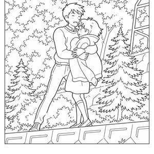 May include: Black and white line art of two figures embracing outdoors. The figures are surrounded by trees and foliage, with a bridge-like structure in the foreground. The style is reminiscent of an animated film.
