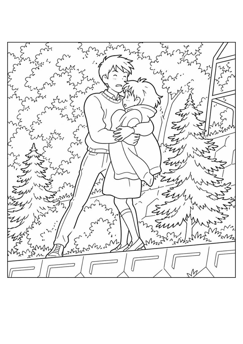 May include: Black and white line art of two figures embracing outdoors. The figures are surrounded by trees and foliage, with a bridge-like structure in the foreground. The style is reminiscent of an animated film.