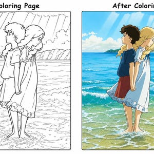 May include: A side-by-side comparison of a coloring page and a colored illustration. The coloring page shows two figures standing in water. The colored illustration depicts the same figures, now with color, standing in the ocean under a blue sky.