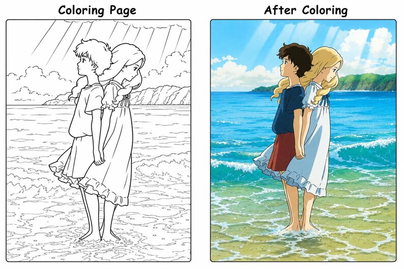 May include: A side-by-side comparison of a coloring page and a colored illustration. The coloring page shows two figures standing in water. The colored illustration depicts the same figures, now with color, standing in the ocean under a blue sky.