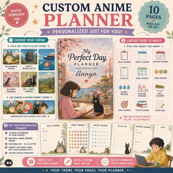 Custom Anime Daily Planner | Personalized 10-Page Printable PDF (Digital Download)