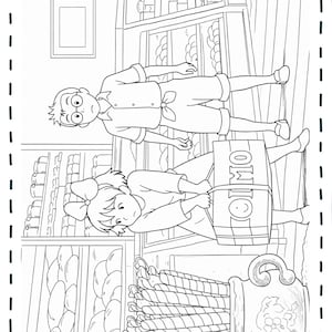 Op de afbeelding: Zwart-wit lijntekening van een bakkerijsc&egrave;ne. Twee kinderen zijn in de bakkerij. E&eacute;n draagt een vat met het woord "OMIO" erop. Een vaas met koekjes staat op de voorgrond.