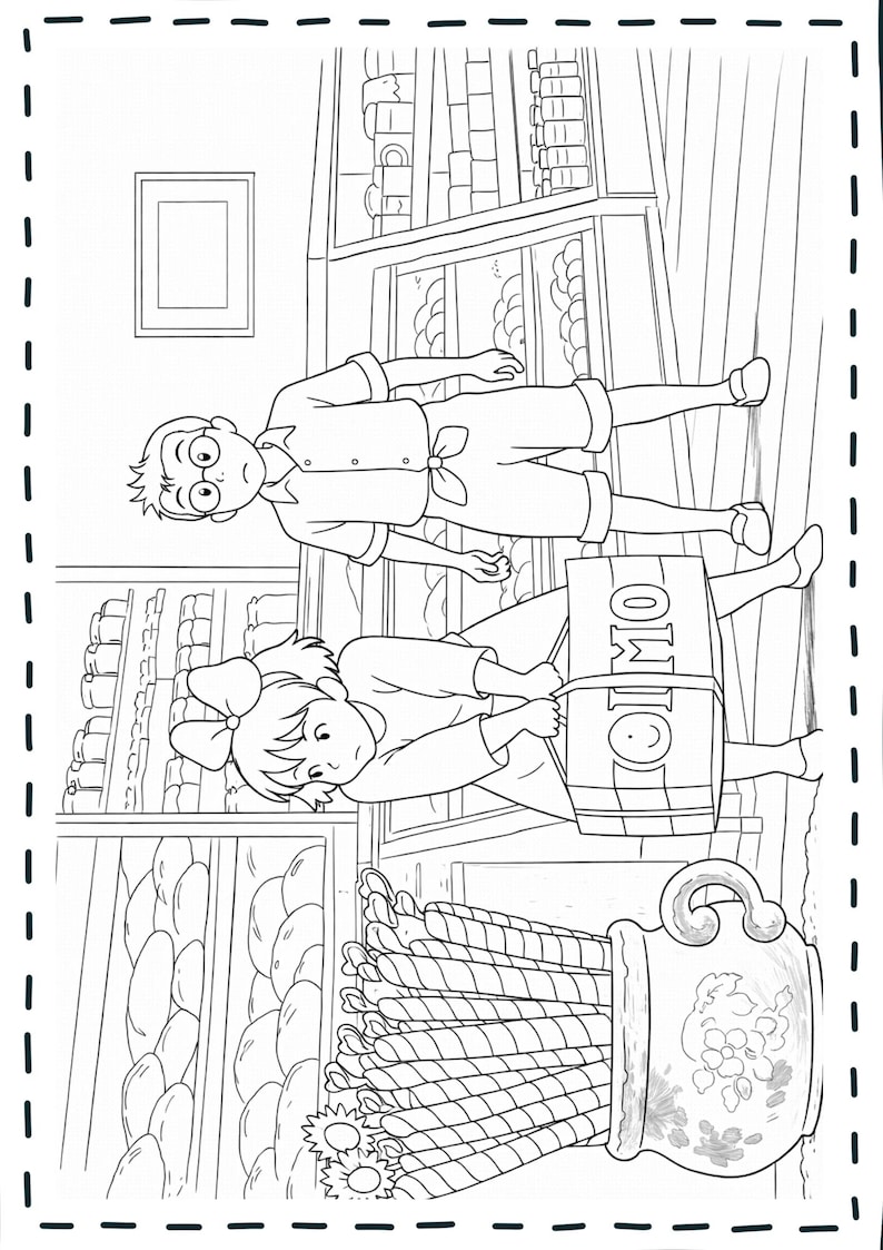 Op de afbeelding: Zwart-wit lijntekening van een bakkerijsc&egrave;ne. Twee kinderen zijn in de bakkerij. E&eacute;n draagt een vat met het woord "OMIO" erop. Een vaas met koekjes staat op de voorgrond.