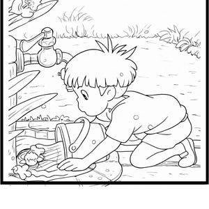 Puede incluir: Ilustraci&oacute;n en blanco y negro de un ni&ntilde;o arrodillado vertiendo agua de un cubo. El ni&ntilde;o est&aacute; cerca de un grifo de agua y algunas plantas. La imagen es una p&aacute;gina para colorear.