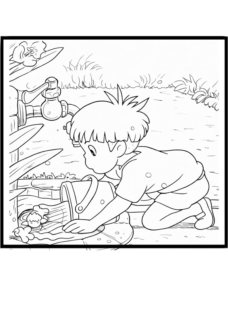 Puede incluir: Ilustraci&oacute;n en blanco y negro de un ni&ntilde;o arrodillado vertiendo agua de un cubo. El ni&ntilde;o est&aacute; cerca de un grifo de agua y algunas plantas. La imagen es una p&aacute;gina para colorear.