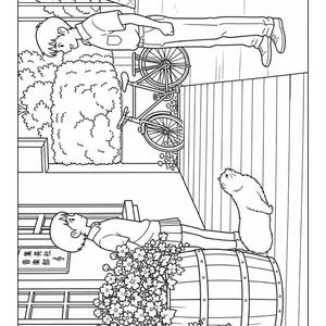 May include: Black and white line art illustration of a scene with two people, a bicycle, and a small animal. One person is near a bicycle, and the other is near a large wooden barrel overflowing with flowers. A sign with Japanese text is visible.