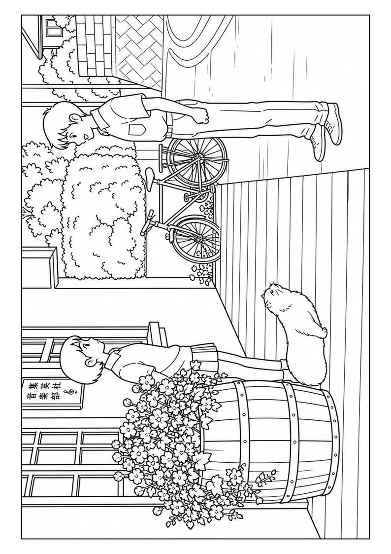 May include: Black and white line art illustration of a scene with two people, a bicycle, and a small animal. One person is near a bicycle, and the other is near a large wooden barrel overflowing with flowers. A sign with Japanese text is visible.