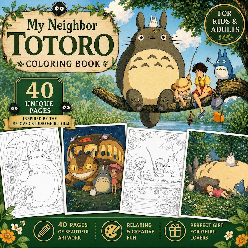 Op de afbeelding: Een "My Neighbor Totoro" kleurboek met de titel in grote groene letters. De cover toont het personage Totoro, samen met andere personages en de tekst "For Kids & Adults". Het boek bevat 40 unieke pagina's ge&iuml;nspireerd op de Studio Ghibli film.