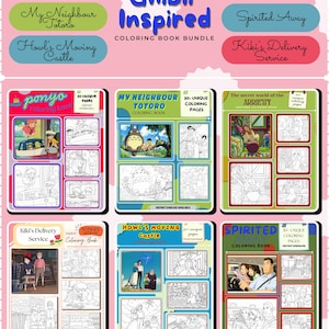 May include: A digital coloring book bundle featuring Ghibli Inspired titles including Ponyo, My Neighbour Totoro, Arrietty, Spirited Away, Howl's Moving Castle, and Kiki's Delivery Service. Each book displays colorful scenes and line art pages.