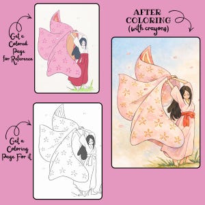 May include: A coloring page set featuring a Japanese-style illustration of a woman in a kimono. The set includes a colored reference image and a black and white outline for coloring. Text on the image reads "Get a Colored Page for Reference" and "Get a Coloring Page For it".