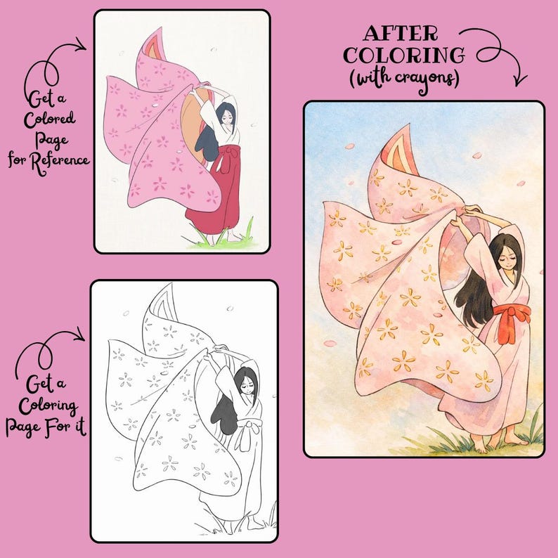 May include: A coloring page set featuring a Japanese-style illustration of a woman in a kimono. The set includes a colored reference image and a black and white outline for coloring. Text on the image reads "Get a Colored Page for Reference" and "Get a Coloring Page For it".