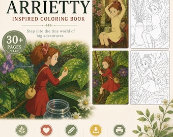 Arrietty Coloring Book – 40 Pages Ghibli Inspired Cottagecore Anime Art Printable PDF Download