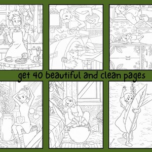 Op de afbeelding: Een verzameling van zes zwart-wit illustraties met anime-achtige personages in verschillende sc&egrave;nes. De tekst "get 40 beautiful and clean pages" staat in het midden van de afbeelding. De illustraties lijken uit een kleurboek te komen.