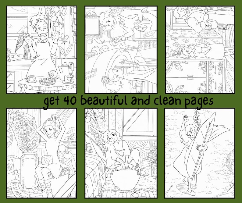 Op de afbeelding: Een verzameling van zes zwart-wit illustraties met anime-achtige personages in verschillende sc&egrave;nes. De tekst "get 40 beautiful and clean pages" staat in het midden van de afbeelding. De illustraties lijken uit een kleurboek te komen.