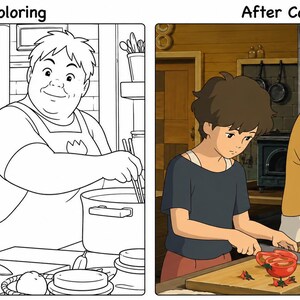 May include: A side-by-side comparison of a black and white line drawing and a colored illustration of a kitchen scene. Two people are preparing food, one cutting tomatoes, the other stirring a pot. The colored version has warm tones.
