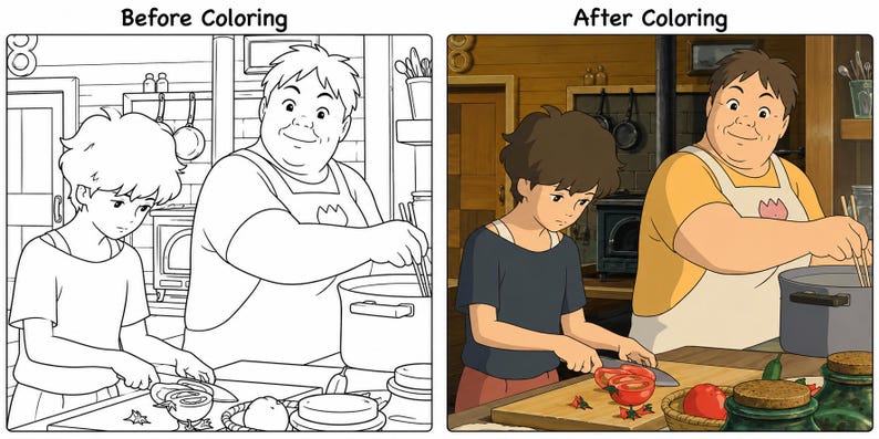 May include: A side-by-side comparison of a black and white line drawing and a colored illustration of a kitchen scene. Two people are preparing food, one cutting tomatoes, the other stirring a pot. The colored version has warm tones.