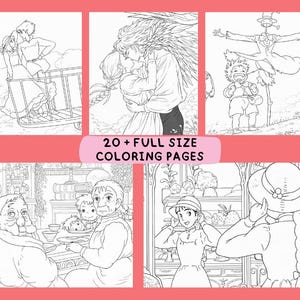 Puede incluir: Una colecci&oacute;n de p&aacute;ginas para colorear en blanco y negro con escenas de una pel&iacute;cula de animaci&oacute;n. Las im&aacute;genes muestran personajes en varios escenarios, con el texto "20 + FULL SIZE COLORING PAGES" en una pancarta rosa.
