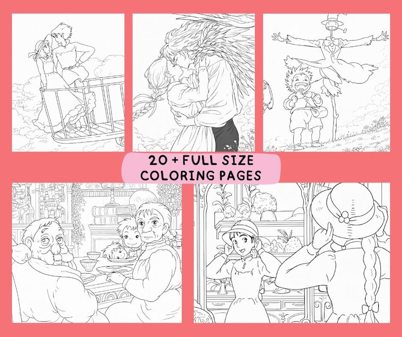 Puede incluir: Una colecci&oacute;n de p&aacute;ginas para colorear en blanco y negro con escenas de una pel&iacute;cula de animaci&oacute;n. Las im&aacute;genes muestran personajes en varios escenarios, con el texto "20 + FULL SIZE COLORING PAGES" en una pancarta rosa.