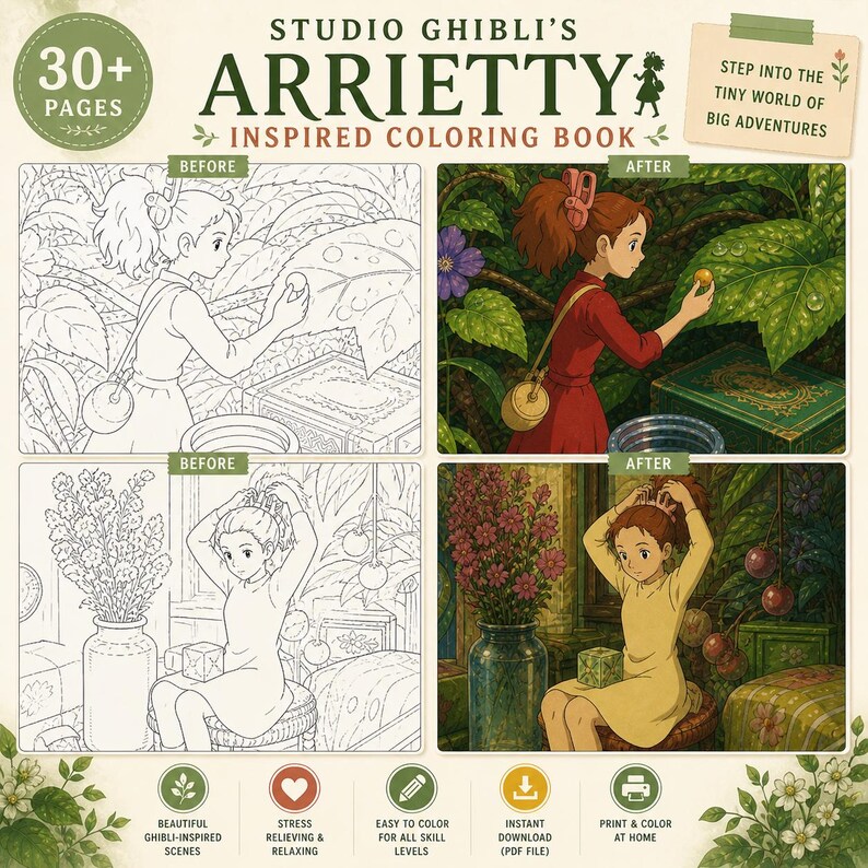 Op de afbeelding: Een Studio Ghibli's Arrietty ge&iuml;nspireerd kleurboek met meer dan 30 pagina's. De omslag toont voor- en na-afbeeldingen van sc&egrave;nes uit de film. Het boek bevat prachtige Ghibli-ge&iuml;nspireerde sc&egrave;nes en is gemakkelijk in te kleuren.