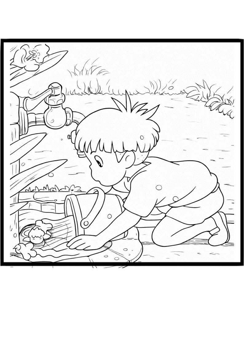 May include: Black and white illustration of a child kneeling and pouring water from a bucket. The child is near a water tap and some plants. The image is a line drawing, suitable for coloring.