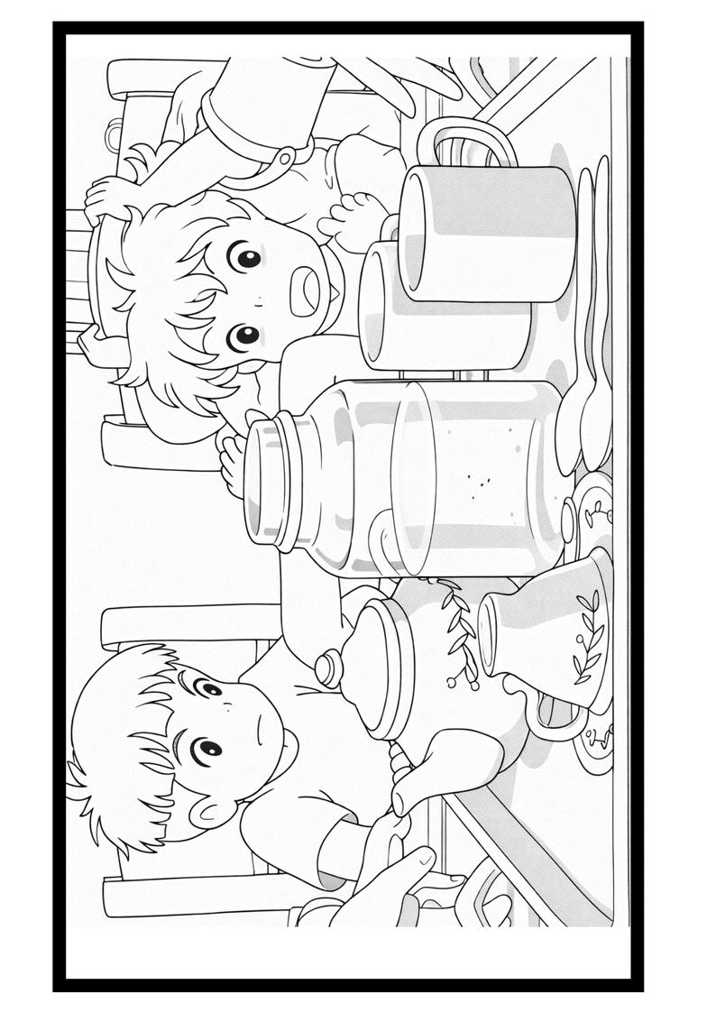 Puede incluir: Ilustraci&oacute;n en blanco y negro de una escena de fiesta de t&eacute;. Dos ni&ntilde;os interact&uacute;an con una tetera, tazas y un gran tarro de cristal. La imagen es un dibujo lineal, para colorear.