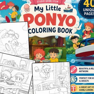Op de afbeelding: Een "My Little Pony" kleurboek met de tekst "Studio Ghibli Film" en "40 Unique Pages!". De omslag bevat illustraties van personages uit de animatiefilm. Extra tekst bevat "Beautiful & Relaxing Artwork" en "Perfect for Kids & Adults."