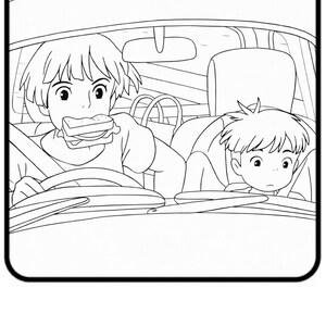 Puede incluir: Ilustraci&oacute;n en blanco y negro de dos personajes de estilo anime dentro de un coche. Uno come un s&aacute;ndwich mientras conduce, el otro mira hacia adelante desde el asiento trasero. El interior del coche est&aacute; detallado.