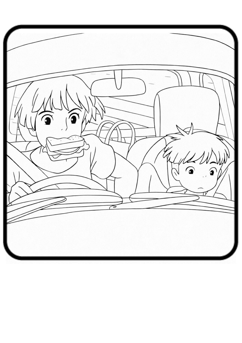 Puede incluir: Ilustraci&oacute;n en blanco y negro de dos personajes de estilo anime dentro de un coche. Uno come un s&aacute;ndwich mientras conduce, el otro mira hacia adelante desde el asiento trasero. El interior del coche est&aacute; detallado.