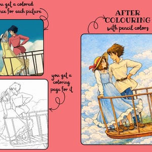 Puede incluir: Una p&aacute;gina de libro para colorear con una escena rom&aacute;ntica de anime. La imagen muestra una pareja en un balc&oacute;n, con una referencia coloreada y una versi&oacute;n en blanco y negro. El texto incluye "you get a colored reference for each picture" y "AFTER COLOURING with pencil colors".