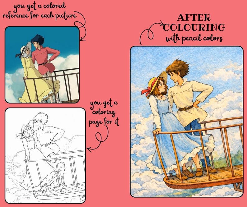 Puede incluir: Una p&aacute;gina de libro para colorear con una escena rom&aacute;ntica de anime. La imagen muestra una pareja en un balc&oacute;n, con una referencia coloreada y una versi&oacute;n en blanco y negro. El texto incluye "you get a colored reference for each picture" y "AFTER COLOURING with pencil colors".
