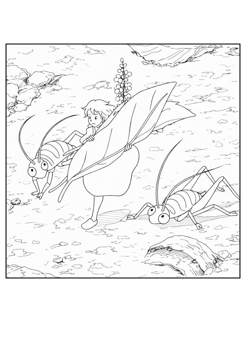 Op de afbeelding: Zwart-wit illustratie van een jong persoon die een groot blad draagt, vergezeld van twee grote insecten. De sc&egrave;ne speelt zich af in een natuurlijke omgeving met rotsen en bladeren, wat een grillig, fantasie-thema beeld cre&euml;ert.