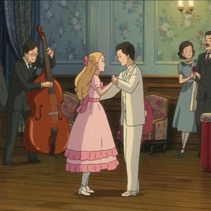 May include: An animated scene depicts a formal dance. A couple in formal attire dances in the center, while a musician plays a double bass. Other guests in formal wear observe the dance in a room with floral wallpaper.