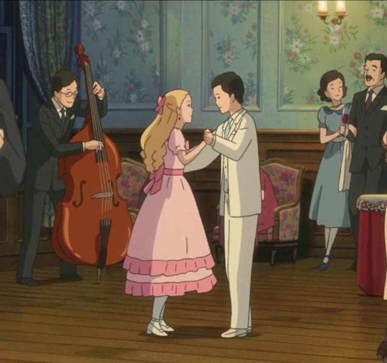 May include: An animated scene depicts a formal dance. A couple in formal attire dances in the center, while a musician plays a double bass. Other guests in formal wear observe the dance in a room with floral wallpaper.