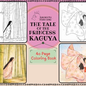 May include: A 40-page coloring book featuring illustrations from "The Tale of the Princess Kaguya." The cover art includes a pink circular design with the Studio Ghibli logo and the title. The book contains images of a woman in traditional Japanese clothing.