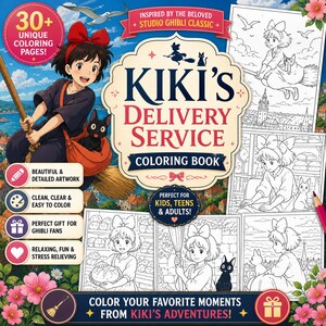 Op de afbeelding: Een Kiki's Delivery Service kleurboek met de titel in een decoratieve banner. De cover toont Kiki op een bezem met Jiji, de zwarte kat. Het boek bevat 30+ unieke kleurplaten, perfect voor kinderen, tieners en volwassenen.