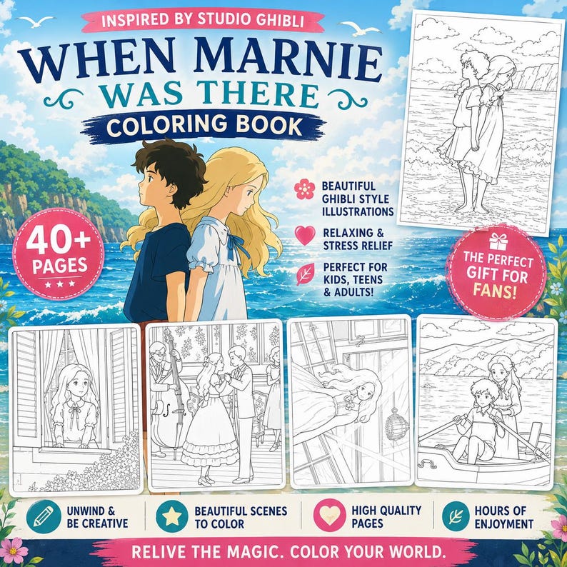 May include: A "When Marnie Was There" coloring book inspired by Studio Ghibli. The cover features two animated characters with ocean and sky scenery. Includes 40+ pages of illustrations, perfect for kids, teens, and adults.