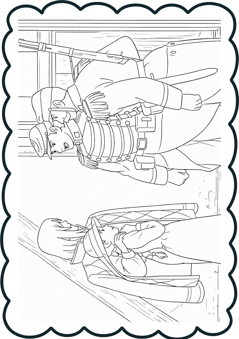 Puede incluir: Ilustraci&oacute;n en blanco y negro de tres personas con uniformes militares hist&oacute;ricos. Dos soldados est&aacute;n de pie, uno sosteniendo un rifle, y el otro est&aacute; acostado. La imagen est&aacute; enmarcada con un borde decorativo.