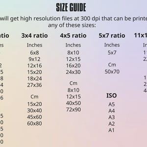 May include: Size guide graphic with text listing print sizes in inches and centimeters, including 4x6, 6x8, 8x10, 5x7, and 11x14. Also lists ISO sizes A5, A4, A3, A2, and A1.