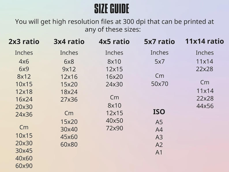 May include: Size guide graphic with text listing print sizes in inches and centimeters, including 4x6, 6x8, 8x10, 5x7, and 11x14. Also lists ISO sizes A5, A4, A3, A2, and A1.