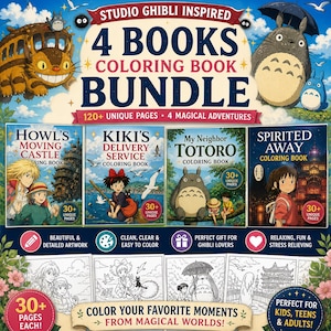 Op de afbeelding: Een Studio Ghibli-ge&iuml;nspireerde kleurboekbundel met vier boeken: Howl's Moving Castle, Kiki's Delivery Service, My Neighbor Totoro en Spirited Away. Elk boek bevat meer dan 30 unieke pagina's, met in totaal 120+ pagina's. Perfect voor kinderen, tieners en volwassenen.