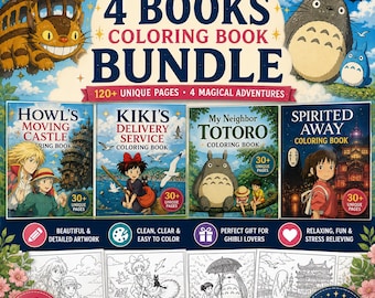 Studio Ghibli Coloring Book Bundle – 4 Books 160 Pages Anime Inspired Printable PDF Instant Download