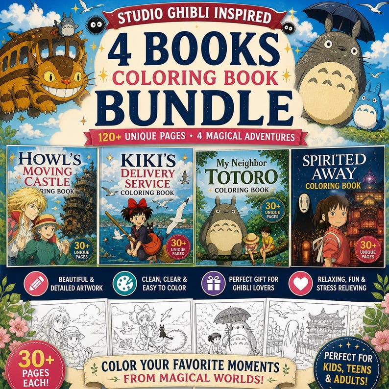 Op de afbeelding: Een Studio Ghibli-ge&iuml;nspireerde kleurboekbundel met vier boeken: Howl's Moving Castle, Kiki's Delivery Service, My Neighbor Totoro en Spirited Away. Elk boek bevat meer dan 30 unieke pagina's, met in totaal 120+ pagina's. Perfect voor kinderen, tieners en volwassenen.