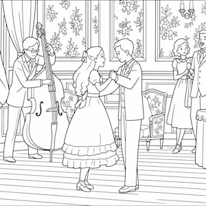 May include: Black and white illustration of a formal dance scene. A couple dances in the center, while a musician plays a double bass. Other figures in formal attire observe. Floral wallpaper and a chandelier are visible in the background.