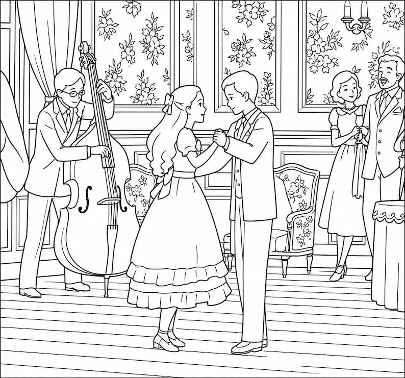 May include: Black and white illustration of a formal dance scene. A couple dances in the center, while a musician plays a double bass. Other figures in formal attire observe. Floral wallpaper and a chandelier are visible in the background.