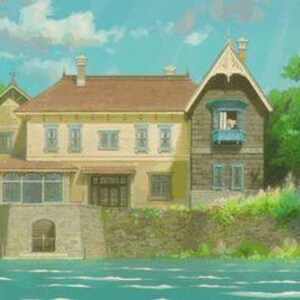 May include: An illustration of a large, multi-story house with a brown roof and light yellow walls. The house has several windows and a small balcony. Lush green trees surround the house, and the scene is set against a blue sky and water.