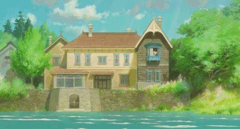 May include: An illustration of a large, multi-story house with a brown roof and light yellow walls. The house has several windows and a small balcony. Lush green trees surround the house, and the scene is set against a blue sky and water.